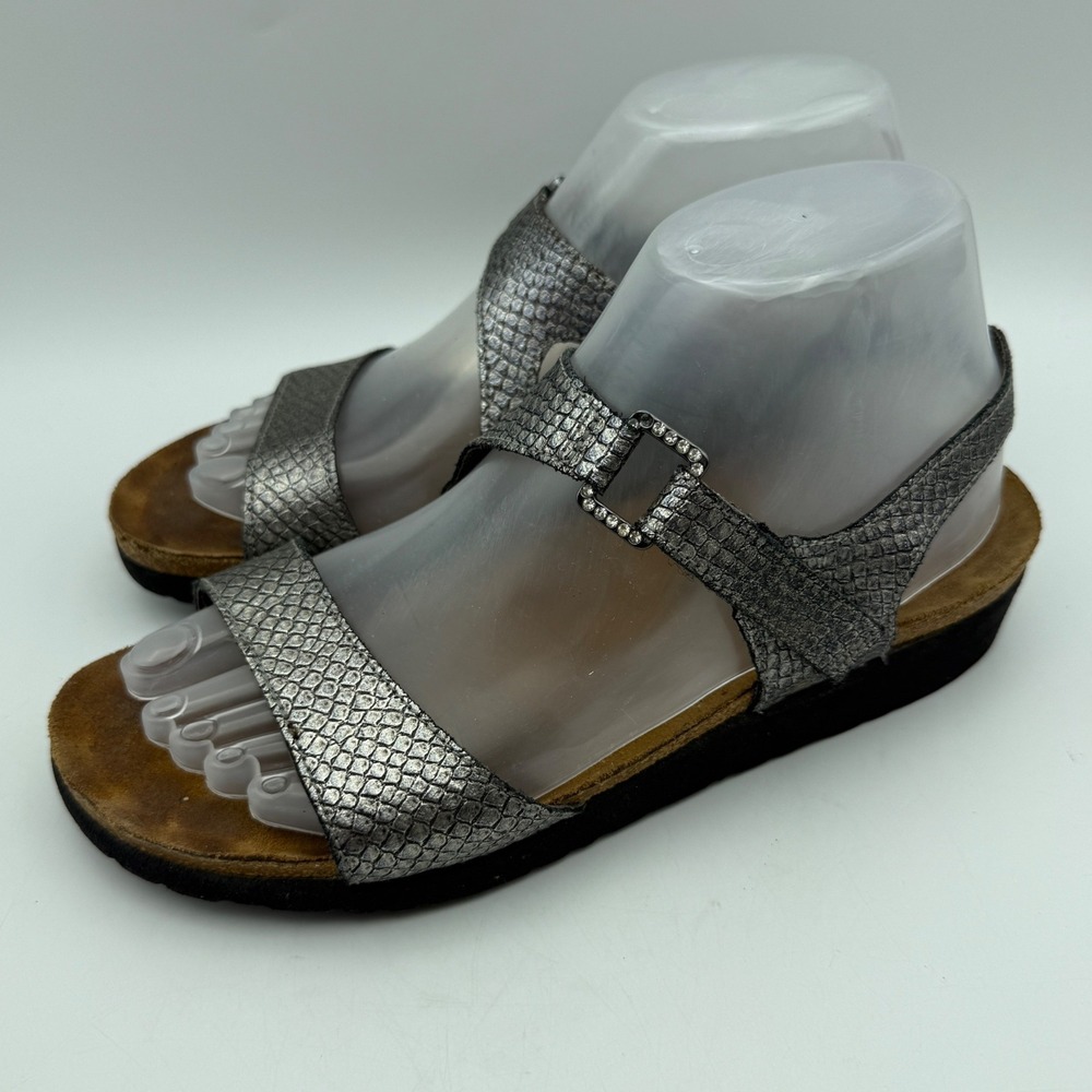 Naot Sandals Women 39 US 8 Silver Metallic Snakeskin Rhinestone Buckle Wedge